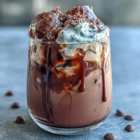 Velvety chocolate cream floats atop chilled cold brew coffee, garnished with chocolate syrup drizzle.