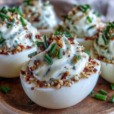 Creamy Everything Bagel Deviled Eggs, expertly piped and ready for serving.