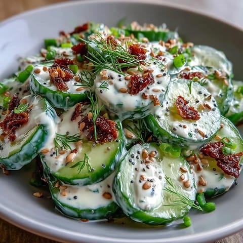 Crisp TikTok Cucumber Salad with everything bagel seasoning, creamy dressing.
