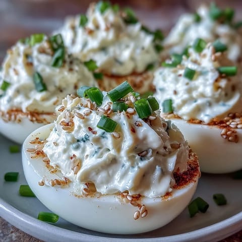 Everything Bagel Deviled Eggs with cream cheese, topped with savory seasoning.
