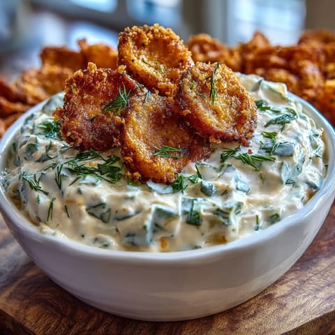 Golden fried pickle slices adorn this luscious cream cheese and ranch dip.