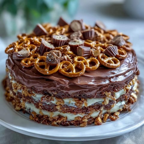 Decadent Father's Day Chocolate Peanut Butter Pretzel Cake, rich and layered.
