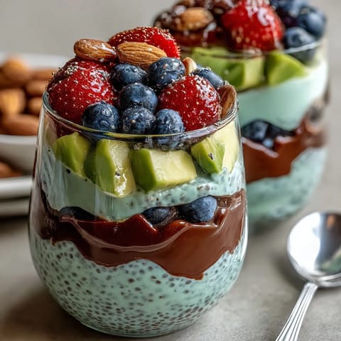 Creamy avocado chia pudding parfait, beautifully showcasing fresh fruit layers.