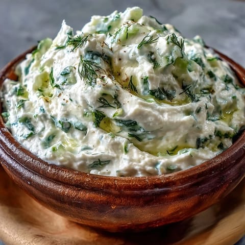 Creamy Skyr Tzatziki Dip with fresh cucumber and dill, a perfect appetizer.