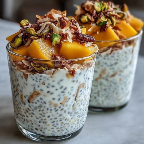 Velvety protein chia pudding topped with sweet mango chunks and garnishes.