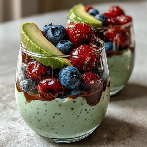 Fiber-Rich Avocado Chia Pudding layered with vibrant berries and crunchy granola.