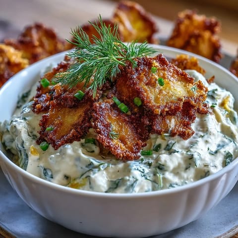 Creamy fried pickle dip, loaded with tangy pickles and ranch, ready to serve.