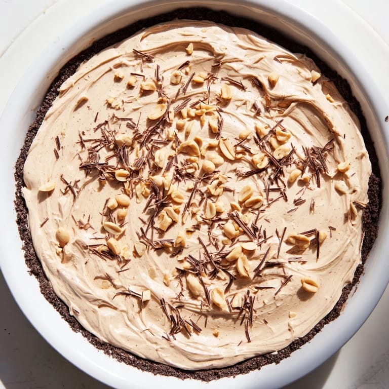 A slice of chilled peanut butter pie showcases its layers: smooth filling, chocolate crust, and chocolate drizzle.