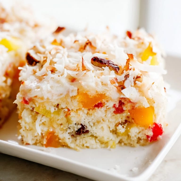 A close-up of fruit cocktail cake, with visible chunks of fruit, bathed in sweet coconut frosting.