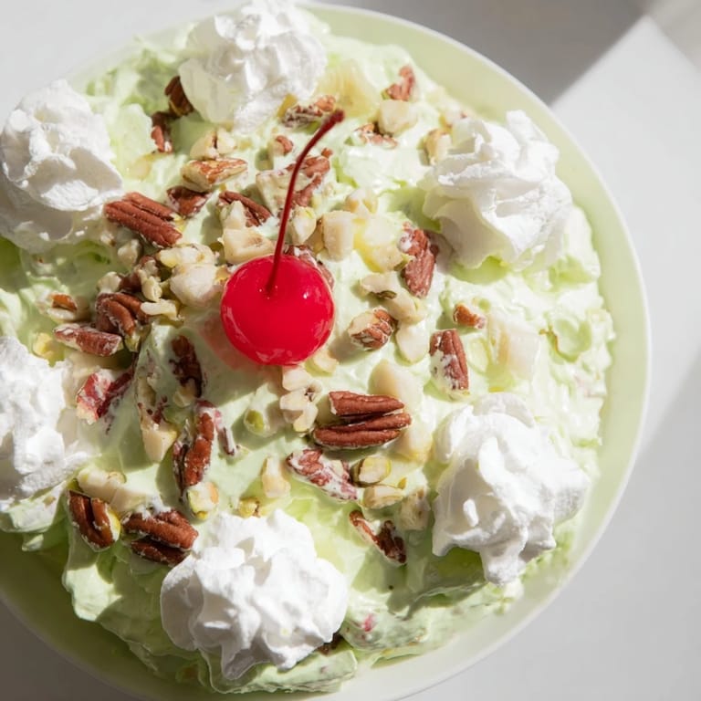 Close-up of fluffy Watergate Salad with chopped pecans and maraschino cherries in a serving dish.