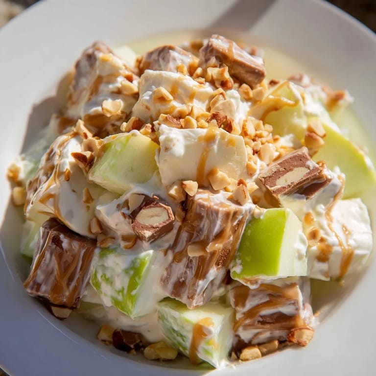 This colorful Snickers Salad showcases a fresh, cool dessert, perfect for sharing.
