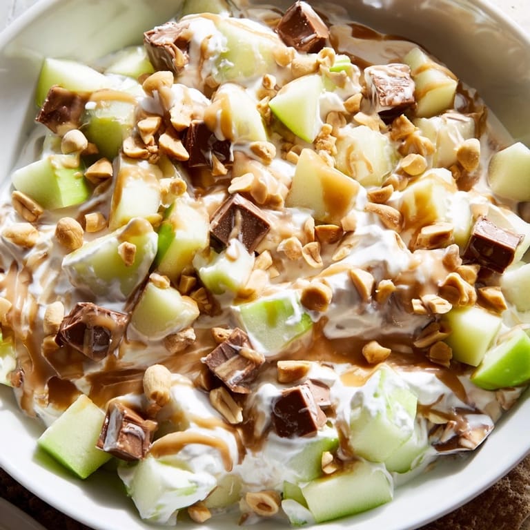 Cool, refreshing Snickers Salad made with apples, pudding, and whipped topping, ideal for dessert.