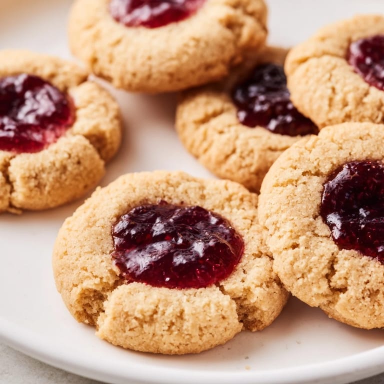 Freshly baked Thumbprint Cookies offering a delightful mix of buttery shortbread and fruity preserves.