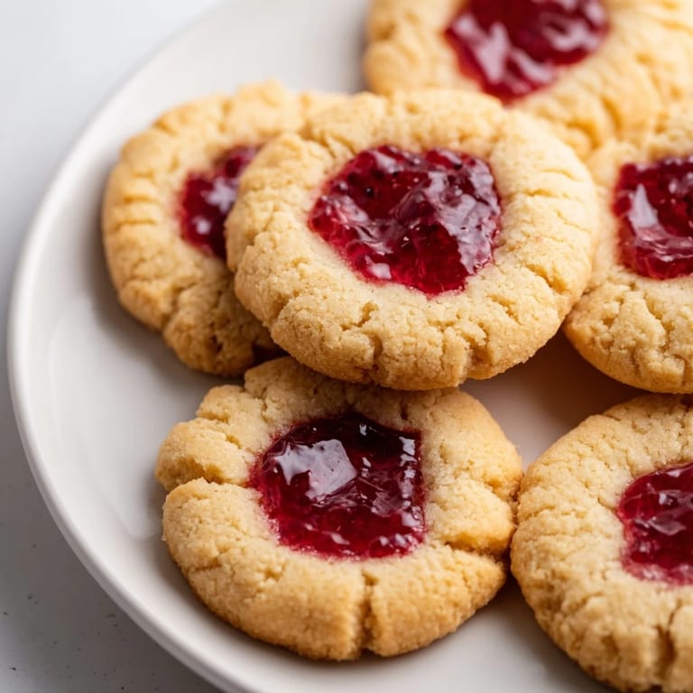 These festive Thumbprint Cookies boast a lovely buttery flavor, filled with vibrant red raspberry jam.
