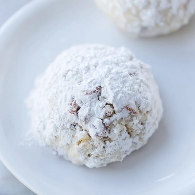 A close-up of fluffy Mexican Wedding Cookies, showing the pecans and sugar coating beautifully.
