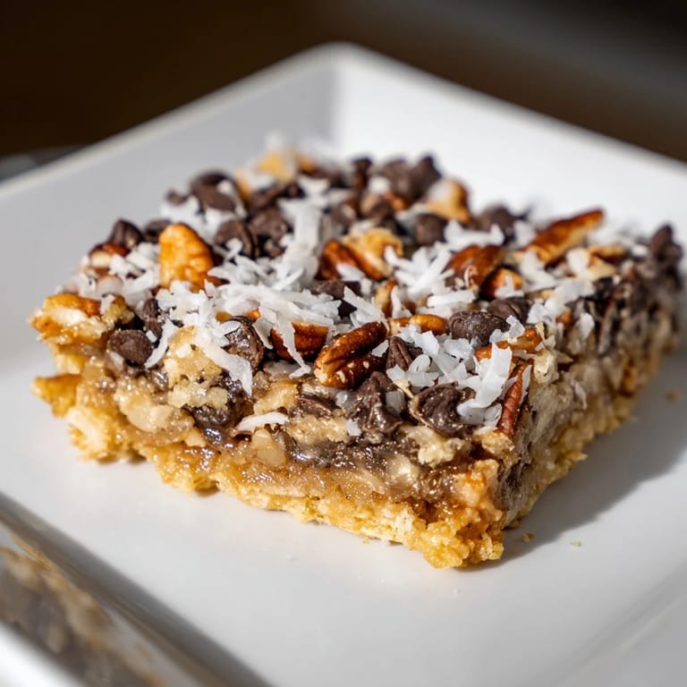 Freshly baked Magic Cookie Bars, smelling amazing, with crunchy nuts and sweet, milky layers.