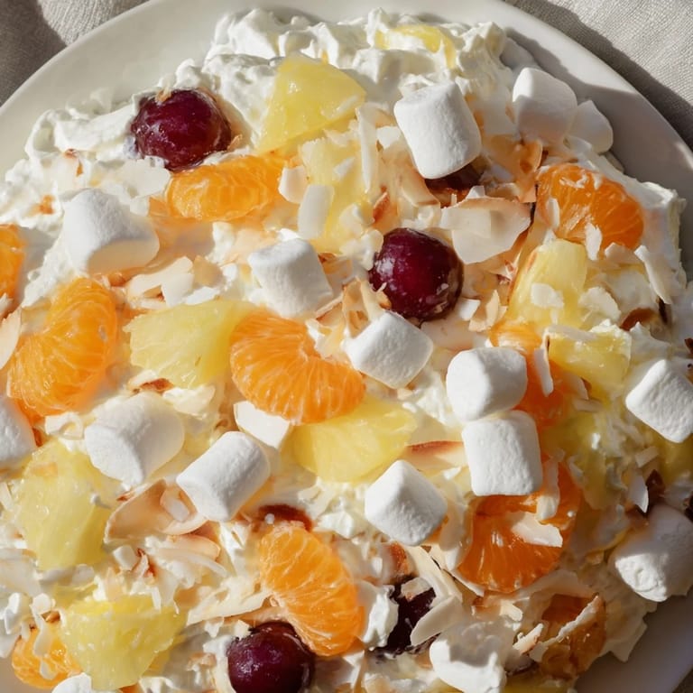 Creamy, sweet Ambrosia Salad with mandarin oranges, coconut, and a light whipped topping, perfect for dessert.