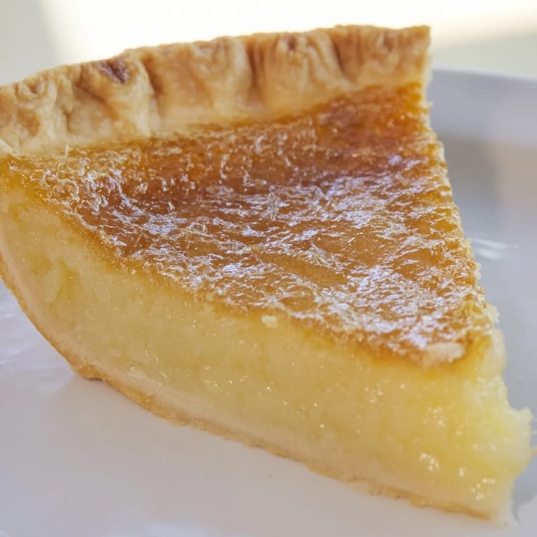 Enjoy a slice of homemade Chess Pie, garnished with fresh berries for a sweet treat.