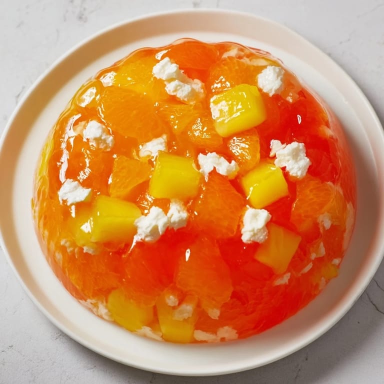 A glistening, cold Jell-O Salad with mixed fruit in a beautifully molded ring for serving.