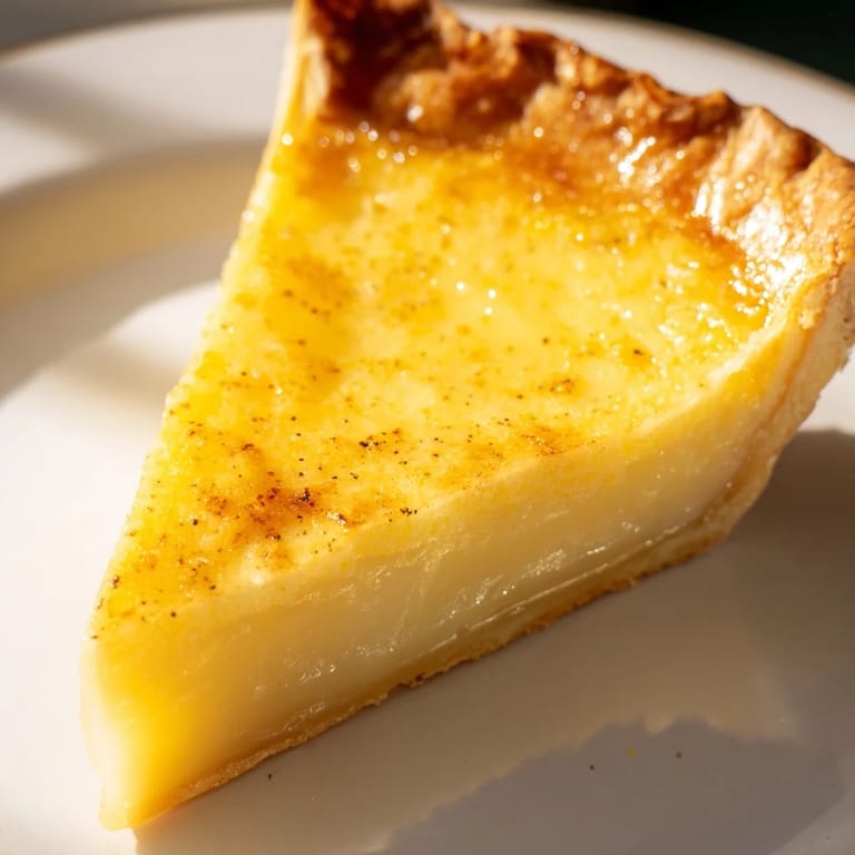 Slice of freshly-baked Buttermilk Pie, showcasing creamy custard filling and golden brown crust.