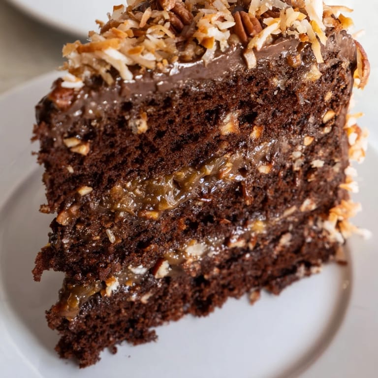 Moist layers of German Chocolate Cake hold a generous frosting loaded with pecans and coconut.