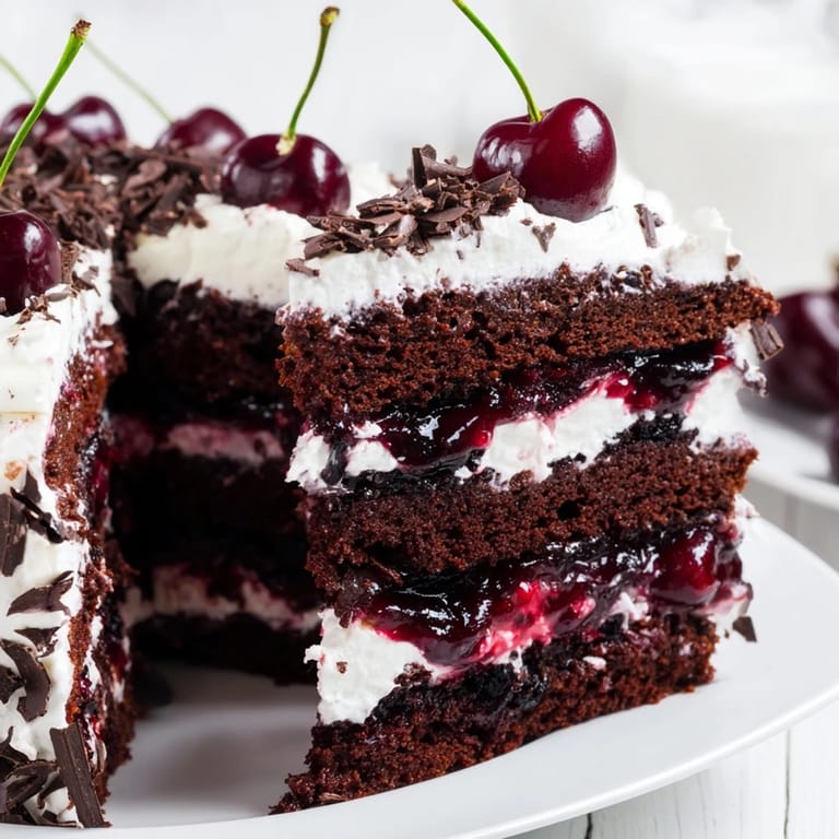 Close-up of a decadent Black Forest Cake, rich with cherries and chocolate, ready to be enjoyed.