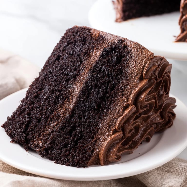 Moist slices of Devil's Food Cake with silky chocolate buttercream, perfect for a special celebration.