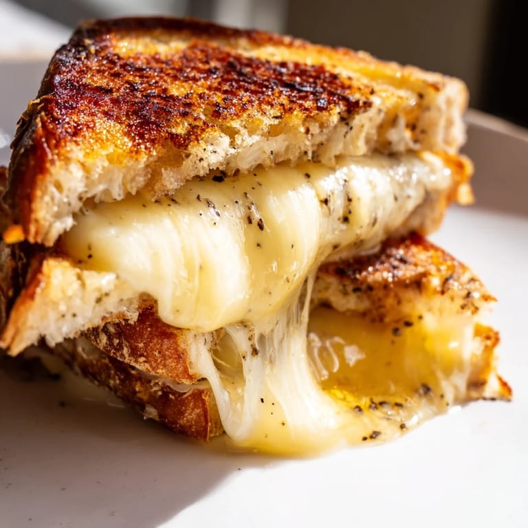 Perfectly melted Truffle Grilled Cheese, featuring crispy sourdough crust and gooey Gruyère, ready to be enjoyed with a side salad.