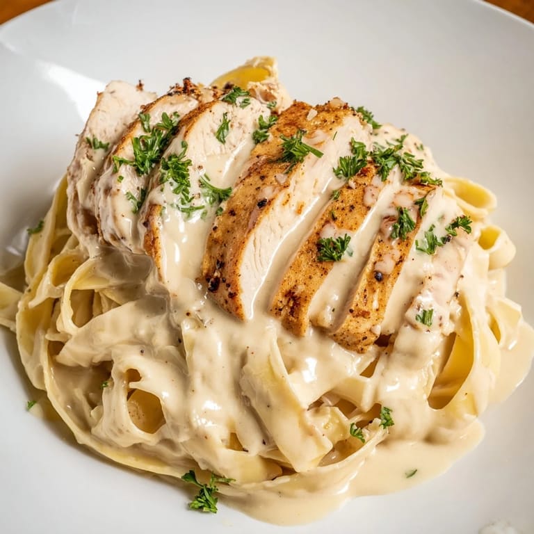 Creamy Cajun Chicken Alfredo is served hot with fresh parsley garnish on a rustic dinner plate.