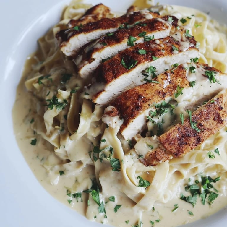 Spicy Cajun Chicken Alfredo pasta twirls on a fork, showcasing tender chicken and rich, cheesy sauce.