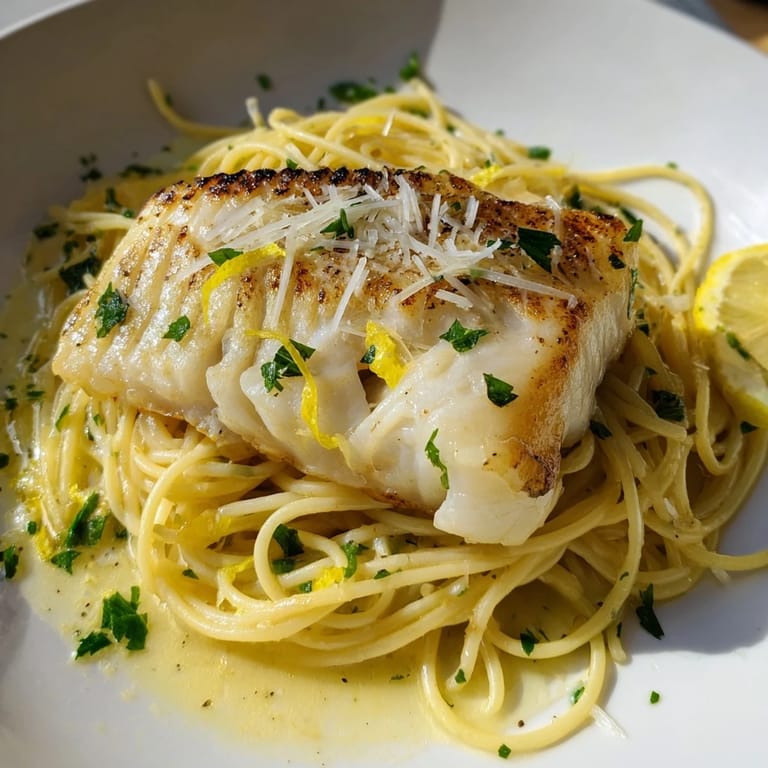 Steaming plates of Lemon Bass Pasta feature tender white fish and bright citrus sauce, served with lemon wedges for extra zest.