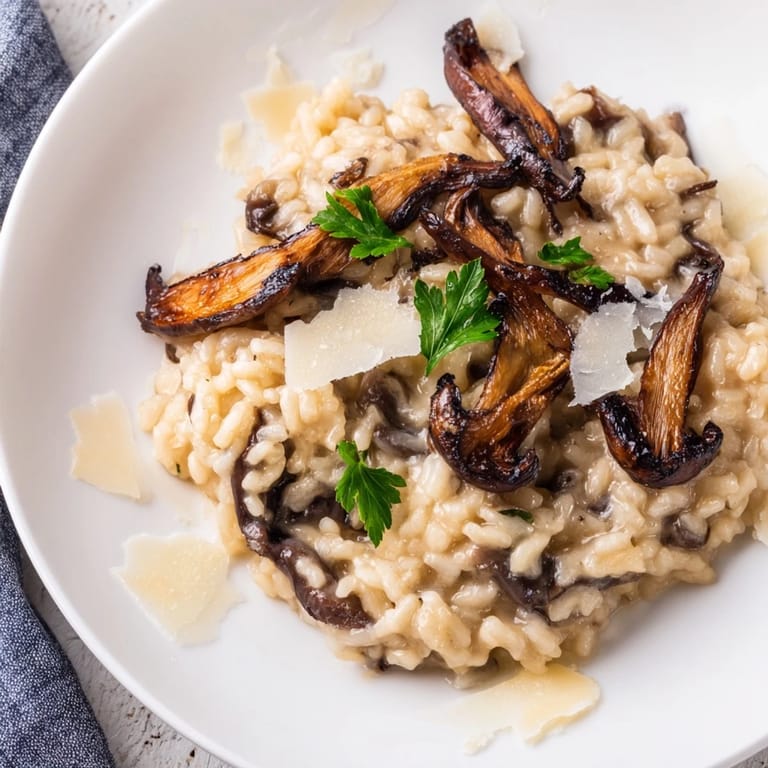 A close-up of Roasted Mushroom Risotto, highlighting the tender arborio rice glistening with olive oil and thyme leaves.  