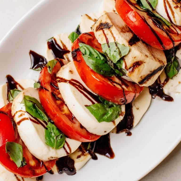 Plate of Chicken Caprese Salad with golden chicken slices over tomatoes, mozzarella, and basil, dressed with balsamic.