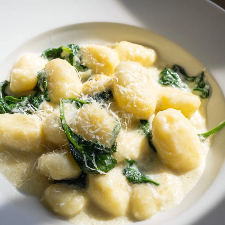A close-up of Creamy Garlic Gnocchi, featuring soft potato dumplings coated in velvety sauce and flecked with fresh green spinach.  