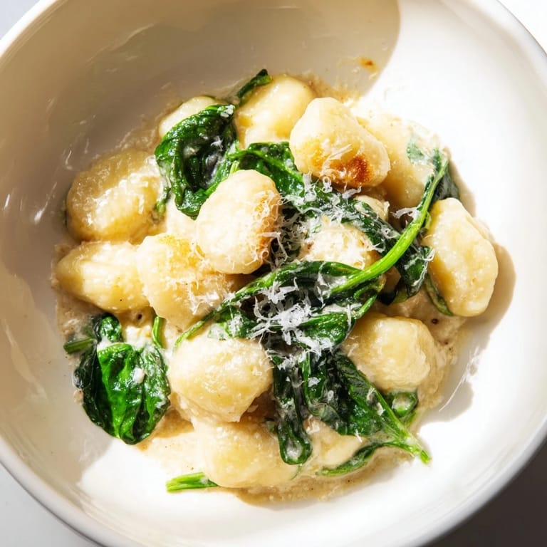 Golden Creamy Garlic Gnocchi on a plate, garnished with extra Parmesan and pepper, ready to be enjoyed as a comforting dinner.