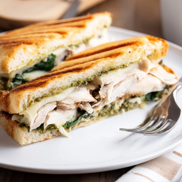 Golden-brown Chicken Pesto Panini sliced in half to reveal juicy grilled chicken and vibrant greens inside.  