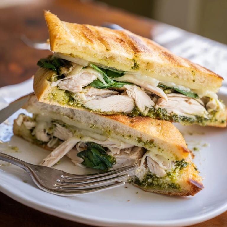 A rustic sandwich board with a Chicken Pesto Panini, served beside a glass of white wine and fresh tomatoes.