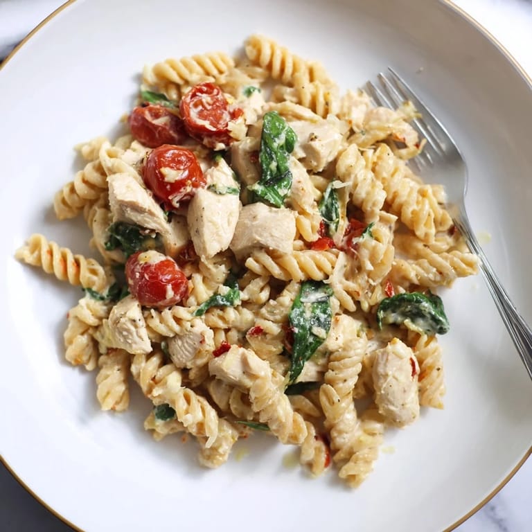 Close-up of Greek Yogurt Chicken Pasta in a white bowl, garnished with Parmesan and halved cherry tomatoes for a colorful finish.