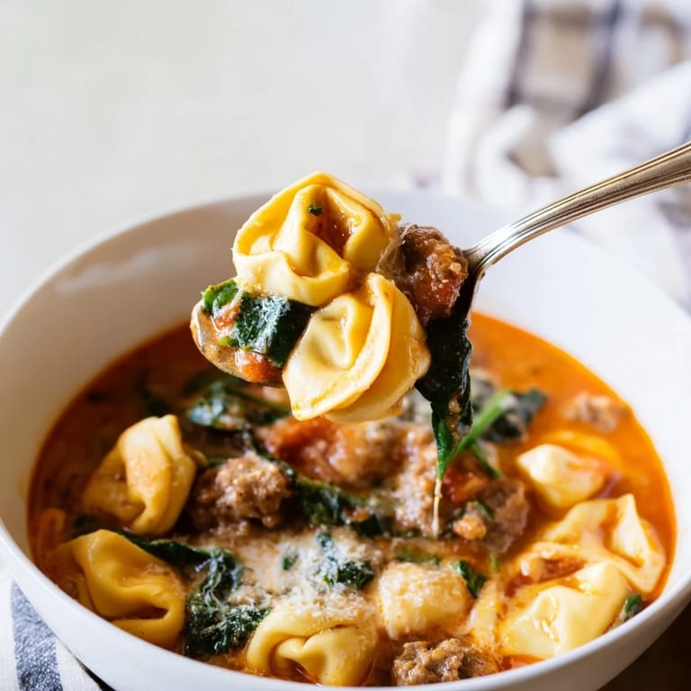 A steaming bowl of Tuscan Tortellini Soup featuring cheese tortellini and a rich tomato cream broth.  