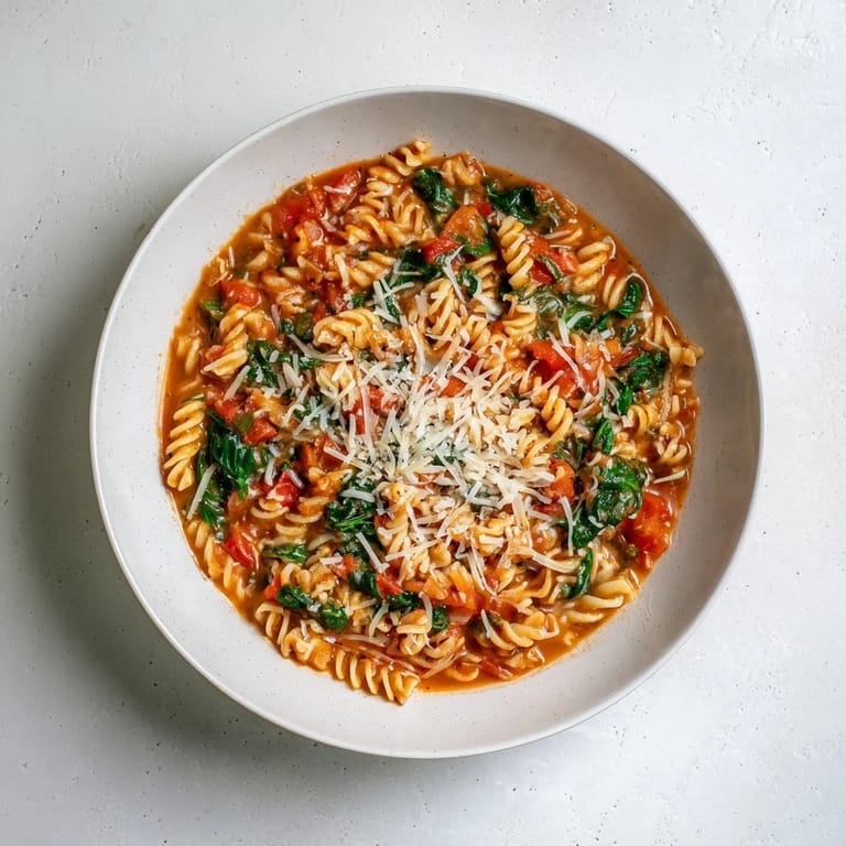 Easy weeknight Tomato Spinach One-Pot Rotini simmered in vegetable broth, finished with creamy Parmesan and served with crusty bread for dipping.