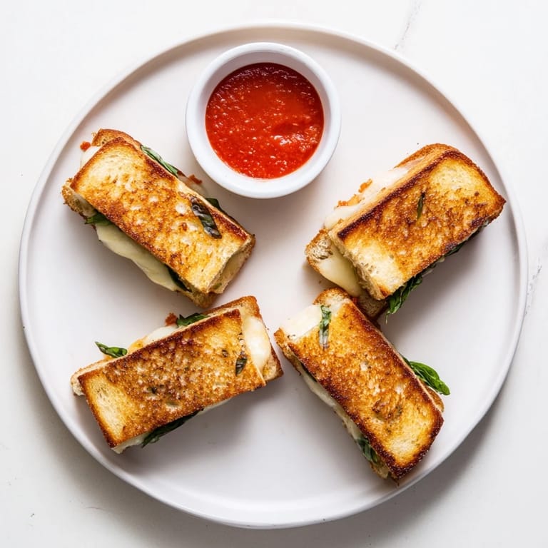 Fresh tomato slices and melted mozzarella layer inside buttery sourdough, cut into crispy, dippable strips.  