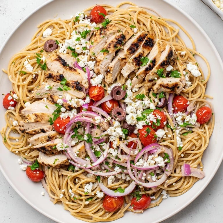 Ready in 35 minutes, this Greek Chicken Spaghetti makes an easy weeknight family meal.