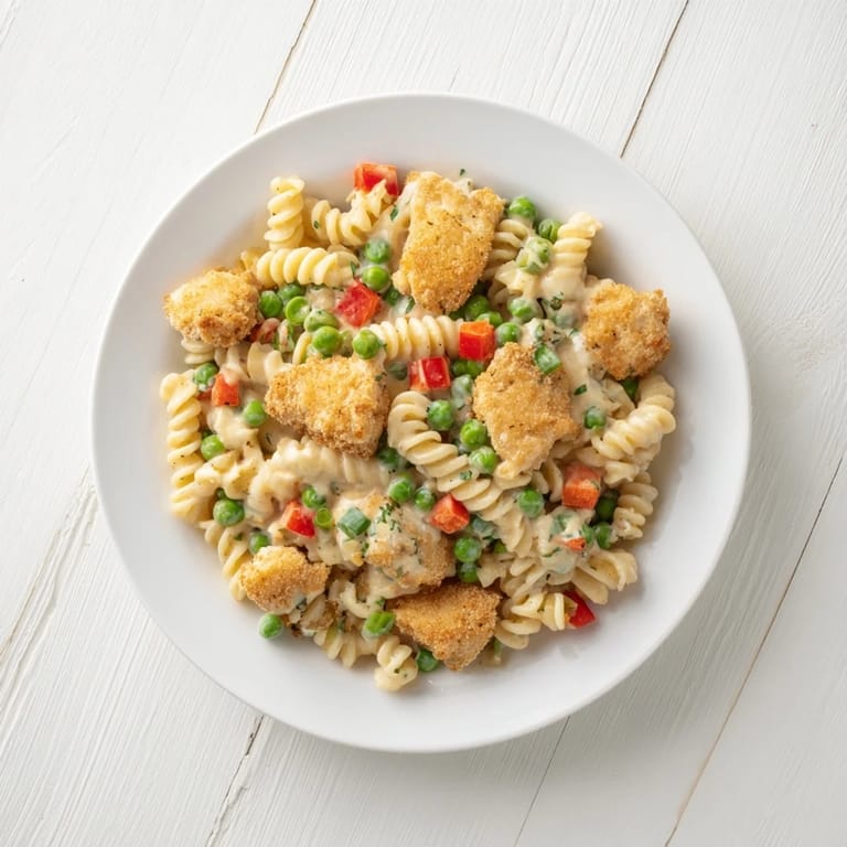 Crispy breaded chicken bites tossed with pasta, diced red bell pepper, and green onions in ranch.  
