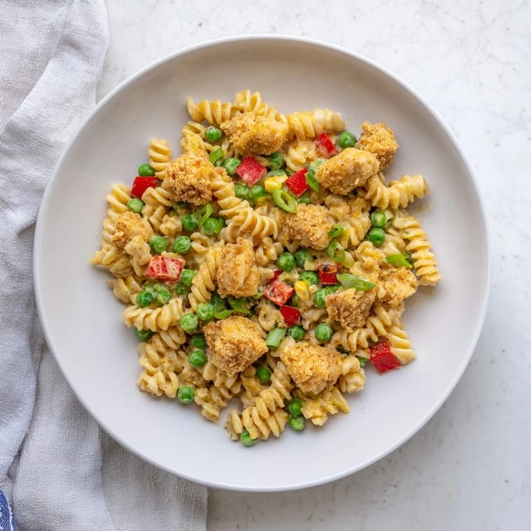 A close-up of the Crispy Chicken Ranch Pasta Salad, highlighting golden chicken and colorful vegetables.