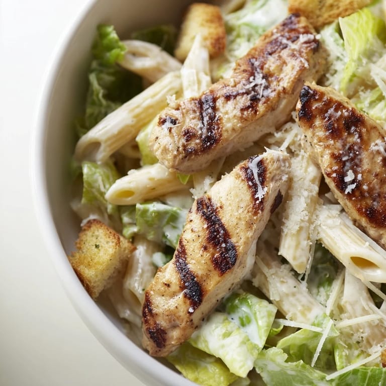 Tender sliced grilled chicken atop a Caesar Pasta Chicken Bowl with cherry tomatoes and crunchy garlic croutons.