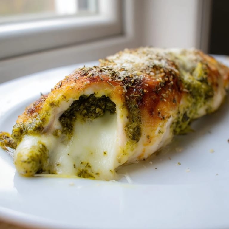 A close-up of juicy Mozzarella & Pesto Stuffed Chicken fresh from the oven, featuring a golden Parmesan crust and vibrant green pesto filling.