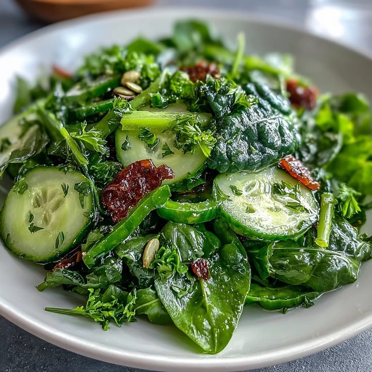 Close-up of Glowing Green Salad, a refreshing mix of fresh greens and veggies.