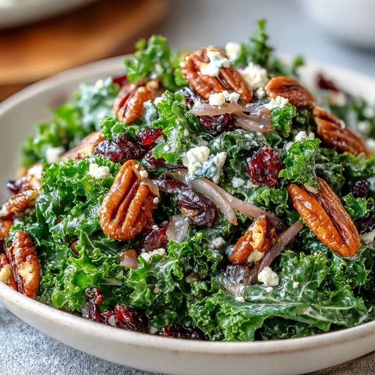 Massaged kale with warm maple-mustard glaze, red onion, and crumbled feta on a serving platter.  