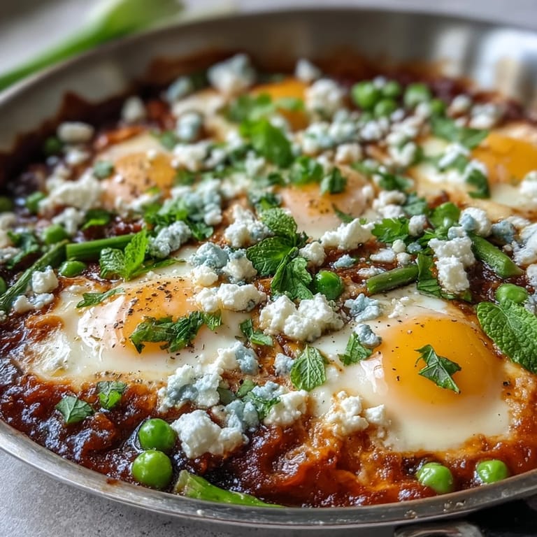 Spiced tomato shakshuka with fresh greens, eggs cooked to runny perfection for brunch.