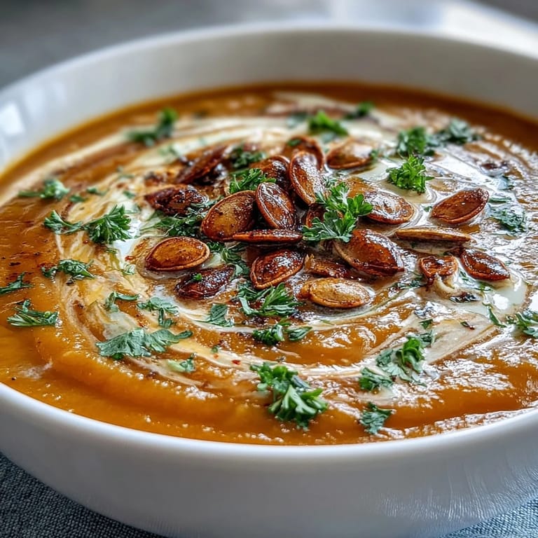 Silky smooth butternut squash soup waiting to be drizzled with cream.